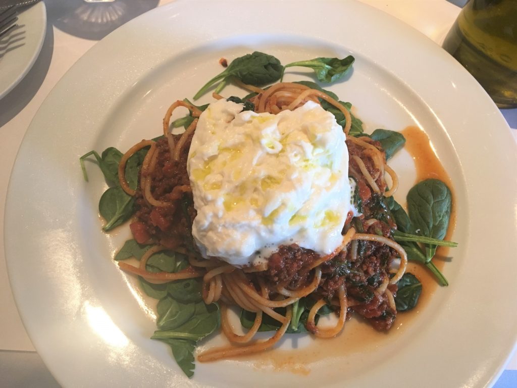 Spaghetti w/ Meat Sauce, Fresh Spinach & Burrata
